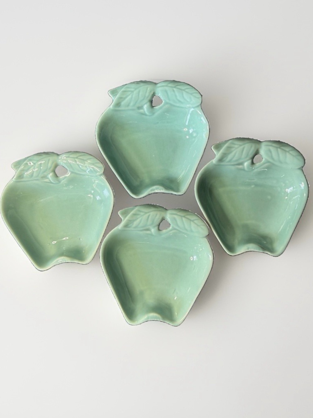Vintage Hoenig of California 734 Apple Dishes Set of 4 Aqua MCM Pottery USA